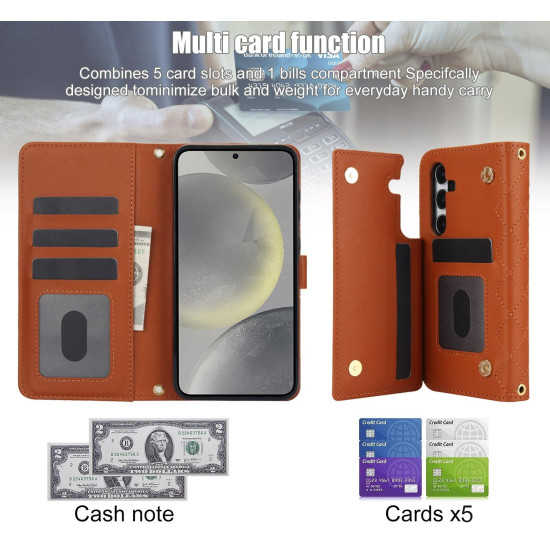 For Samsung Galaxy S24+ 5G Crossbody Multifunction Rhombic Leather Phone Case(Brown)