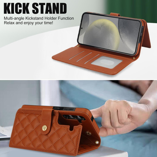 For Samsung Galaxy S24+ 5G Crossbody Multifunction Rhombic Leather Phone Case(Brown)