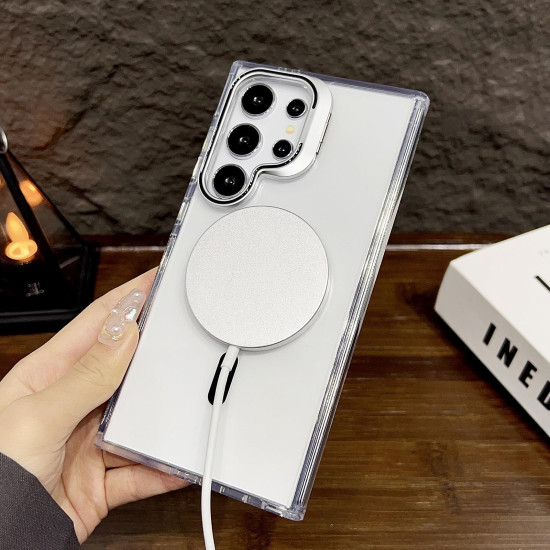 For Samsung Galaxy S24+ 5G J2 High Transparent MagSafe Magnetic Frame Holder Phone Case(White)