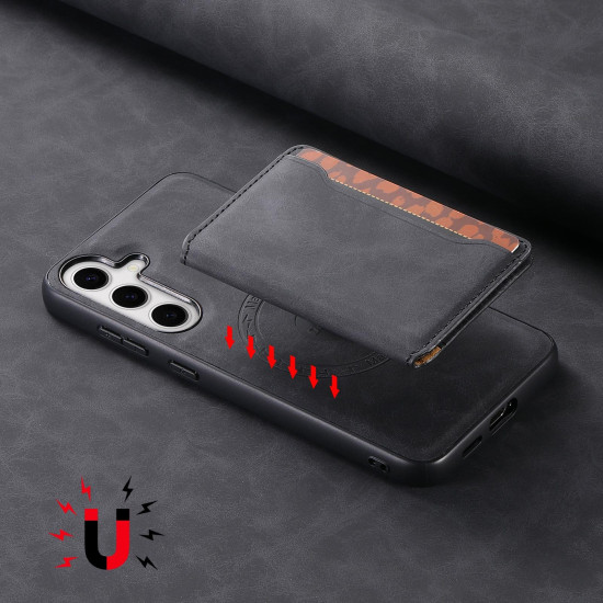 For Samsung Galaxy S24+ 5G Denior D13 Retro Texture Leather MagSafe Card Bag Phone Case(Black)