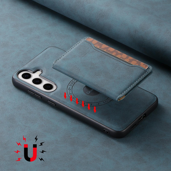 For Samsung Galaxy S24+ 5G Denior D13 Retro Texture Leather MagSafe Card Bag Phone Case(Blue)
