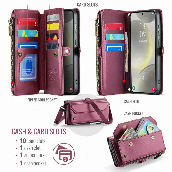 For Samsung Galaxy S24+ 5G CaseMe C36 Card Slots Zipper Wallet RFID Anti-theft Leather Phone Case(Wine Red)