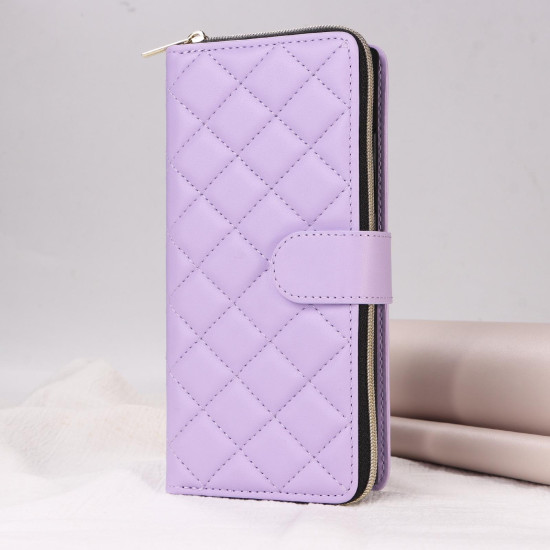 For Samsung Galaxy S24+ 5G Crossbody Rhombic Zipper Tower Buckle Leather Phone Case with Lanyard(Purple)