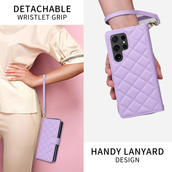 For Samsung Galaxy S24+ 5G Crossbody Rhombic Zipper Tower Buckle Leather Phone Case with Lanyard(Purple)