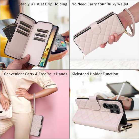 For Samsung Galaxy S24+ 5G Crossbody Rhombic Zipper Tower Buckle Leather Phone Case with Lanyard(Beige)