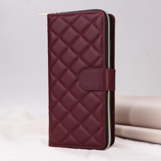 For Samsung Galaxy S24+ 5G Crossbody Rhombic Zipper Tower Buckle Leather Phone Case with Lanyard(Wine Red)