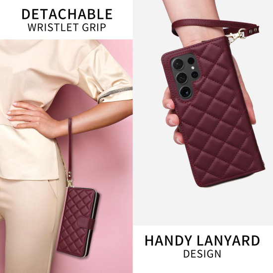 For Samsung Galaxy S24+ 5G Crossbody Rhombic Zipper Tower Buckle Leather Phone Case with Lanyard(Wine Red)