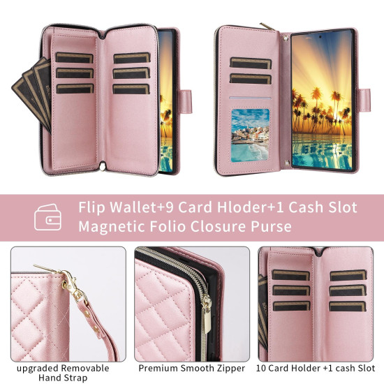 For Samsung Galaxy S24+ 5G Crossbody Rhombic Zipper Tower Buckle Leather Phone Case with Lanyard(Rose Gold)