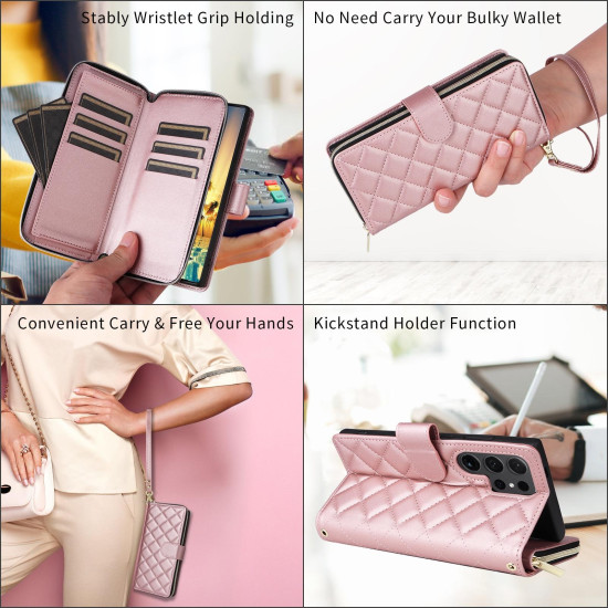 For Samsung Galaxy S24+ 5G Crossbody Rhombic Zipper Tower Buckle Leather Phone Case with Lanyard(Rose Gold)