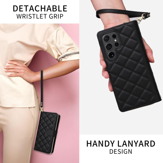 For Samsung Galaxy S24+ 5G Crossbody Rhombic Zipper Tower Buckle Leather Phone Case with Lanyard(Black)