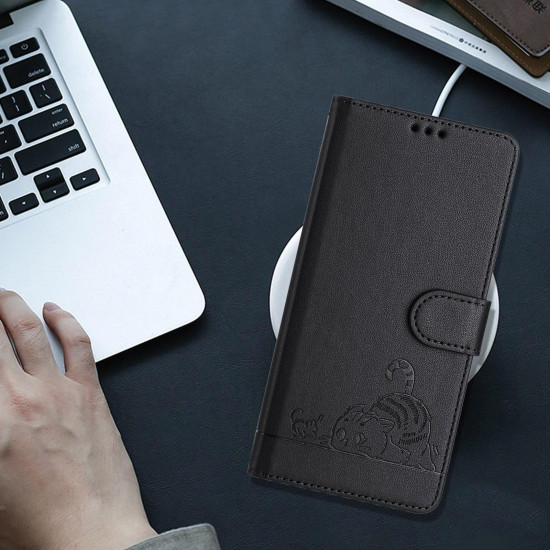 For Samsung Galax S23+ 5G Cat Rat Embossed Pattern RFID PU Phone Case with Wrist Strap(Black)
