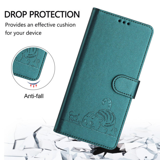 For Samsung Galax S23+ 5G Cat Rat Embossed Pattern RFID PU Phone Case with Wrist Strap(Peacock Green)
