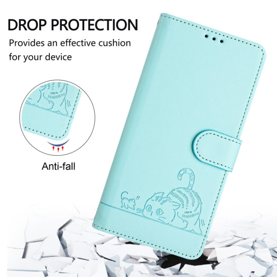 For Samsung Galax S24+ 5G Cat Rat Embossed Pattern RFID PU Phone Case with Wrist Strap(Mint Green)