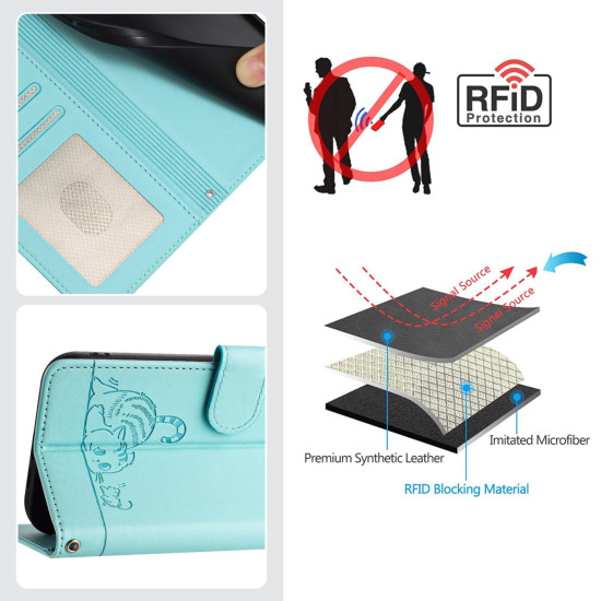 For Samsung Galax S24+ 5G Cat Rat Embossed Pattern RFID PU Phone Case with Wrist Strap(Mint Green)