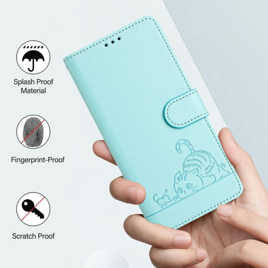 For Samsung Galax S24+ 5G Cat Rat Embossed Pattern RFID PU Phone Case with Wrist Strap(Mint Green)