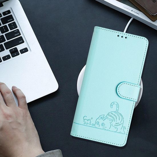 For Samsung Galax S24+ 5G Cat Rat Embossed Pattern RFID PU Phone Case with Wrist Strap(Mint Green)