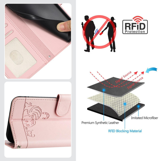 For Samsung Galax S24+ 5G Cat Rat Embossed Pattern RFID PU Phone Case with Wrist Strap(Pink)