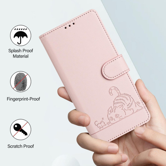 For Samsung Galax S24+ 5G Cat Rat Embossed Pattern RFID PU Phone Case with Wrist Strap(Pink)