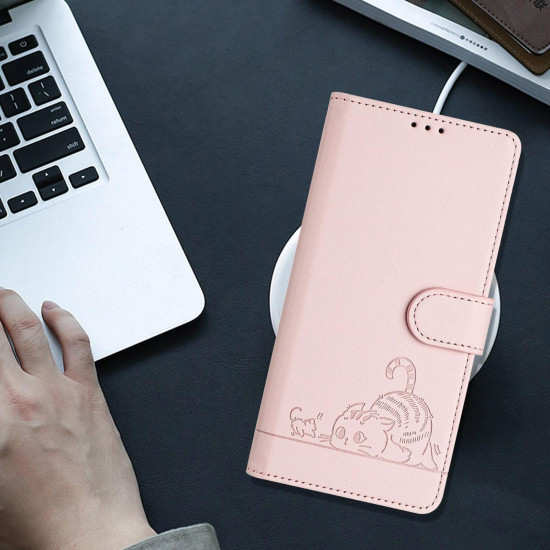 For Samsung Galax S24+ 5G Cat Rat Embossed Pattern RFID PU Phone Case with Wrist Strap(Pink)