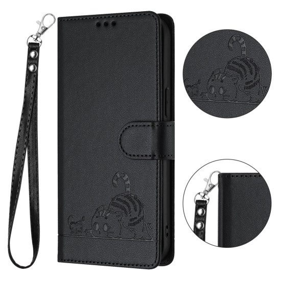 For Samsung Galax S24+ 5G Cat Rat Embossed Pattern RFID PU Phone Case with Wrist Strap(Black)