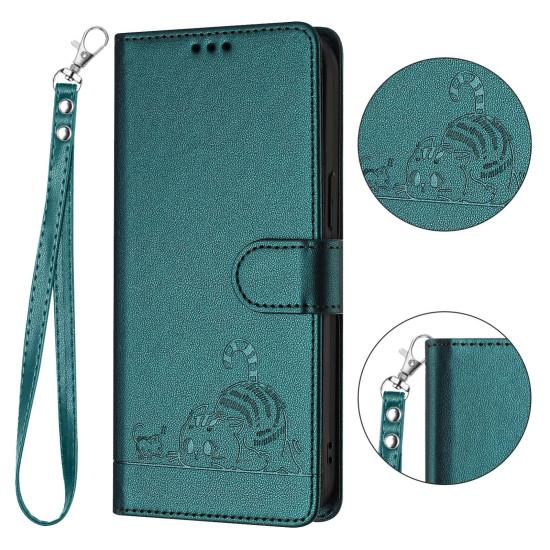 For Samsung Galax S24+ 5G Cat Rat Embossed Pattern RFID PU Phone Case with Wrist Strap(Peacock Green)