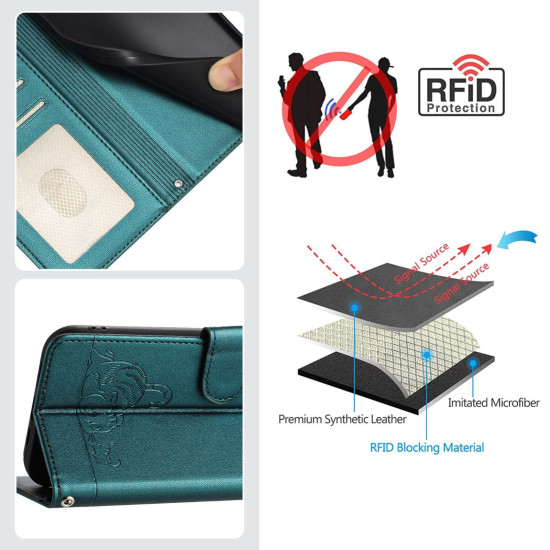 For Samsung Galax S24+ 5G Cat Rat Embossed Pattern RFID PU Phone Case with Wrist Strap(Peacock Green)