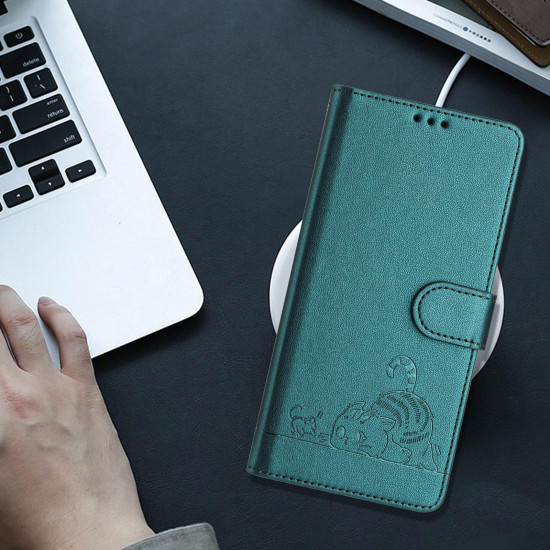 For Samsung Galax S24+ 5G Cat Rat Embossed Pattern RFID PU Phone Case with Wrist Strap(Peacock Green)