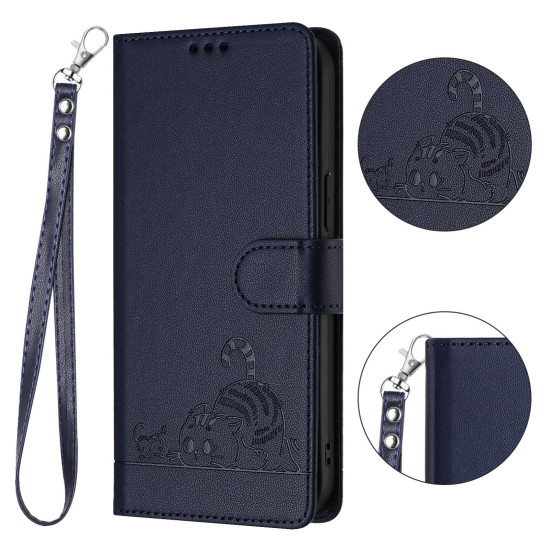 For Samsung Galax S24+ 5G Cat Rat Embossed Pattern RFID PU Phone Case with Wrist Strap(Blue)