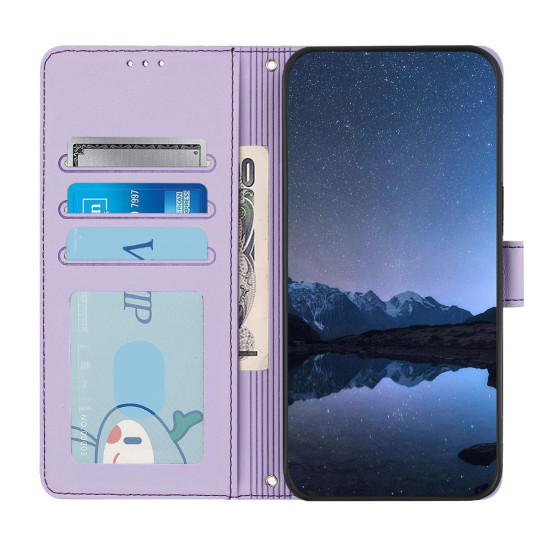 For Samsung Galax S24+ 5G Cat Rat Embossed Pattern RFID PU Phone Case with Wrist Strap(Purple)