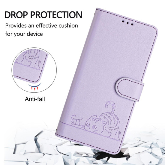 For Samsung Galax S24+ 5G Cat Rat Embossed Pattern RFID PU Phone Case with Wrist Strap(Purple)