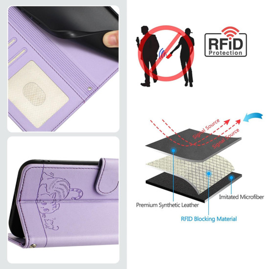 For Samsung Galax S24+ 5G Cat Rat Embossed Pattern RFID PU Phone Case with Wrist Strap(Purple)