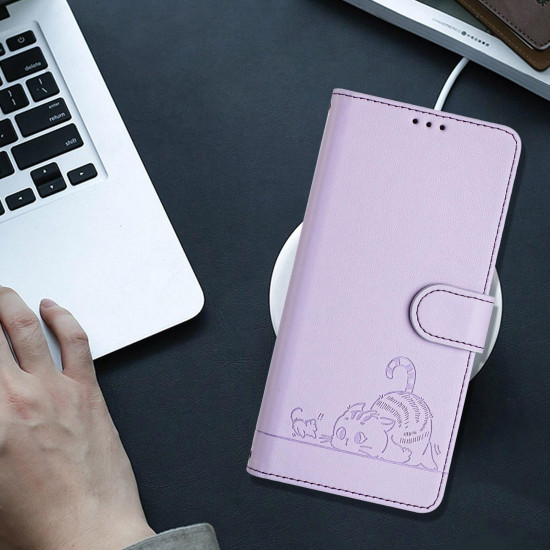 For Samsung Galax S24+ 5G Cat Rat Embossed Pattern RFID PU Phone Case with Wrist Strap(Purple)
