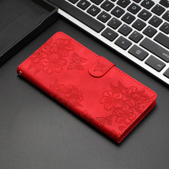 For Samsung Galaxy S24+ 5G Cherry Blossom Butterfly Skin Feel Embossed PU Phone Case(Red)