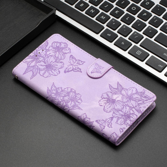 For Samsung Galaxy S24+ 5G Cherry Blossom Butterfly Skin Feel Embossed PU Phone Case(Purple)