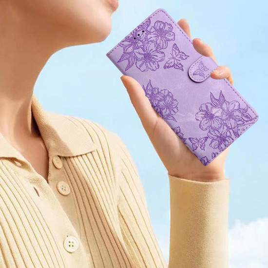 For Samsung Galaxy S24+ 5G Cherry Blossom Butterfly Skin Feel Embossed PU Phone Case(Purple)