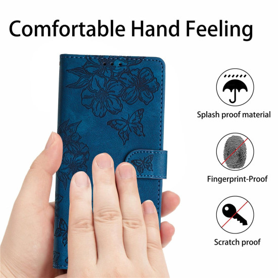For Samsung Galaxy S24+ 5G Cherry Blossom Butterfly Skin Feel Embossed PU Phone Case(Blue)