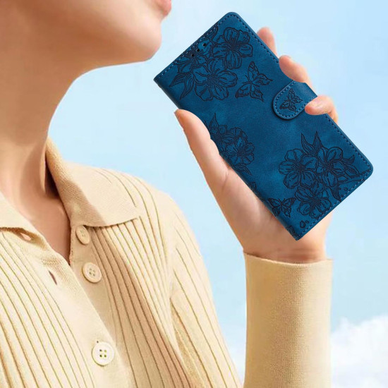 For Samsung Galaxy S24+ 5G Cherry Blossom Butterfly Skin Feel Embossed PU Phone Case(Blue)