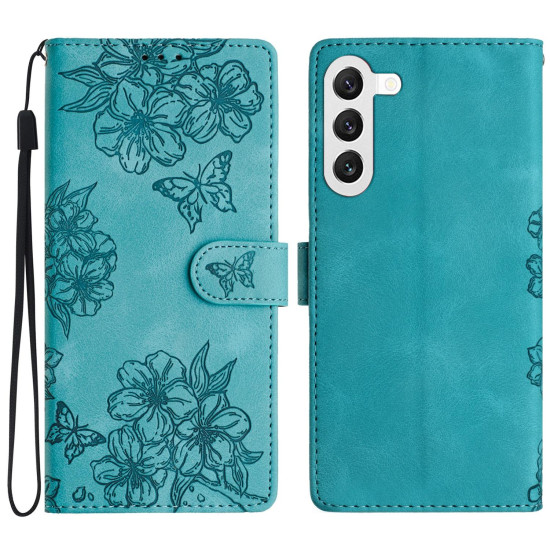 For Samsung Galaxy S24+ 5G Cherry Blossom Butterfly Skin Feel Embossed PU Phone Case(Green)
