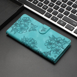 For Samsung Galaxy S24+ 5G Cherry Blossom Butterfly Skin Feel Embossed PU Phone Case(Green)
