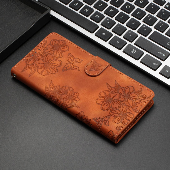 For Samsung Galaxy S24+ 5G Cherry Blossom Butterfly Skin Feel Embossed PU Phone Case(Brown)