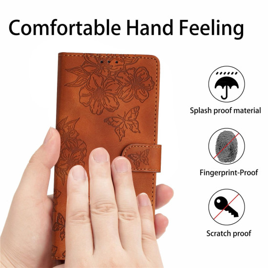 For Samsung Galaxy S24+ 5G Cherry Blossom Butterfly Skin Feel Embossed PU Phone Case(Brown)