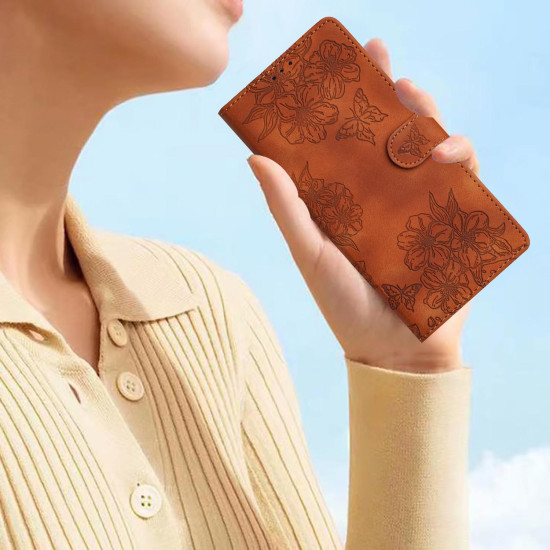 For Samsung Galaxy S24+ 5G Cherry Blossom Butterfly Skin Feel Embossed PU Phone Case(Brown)