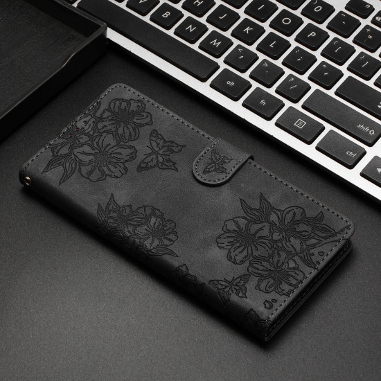 For Samsung Galaxy S24+ 5G Cherry Blossom Butterfly Skin Feel Embossed PU Phone Case(Black)