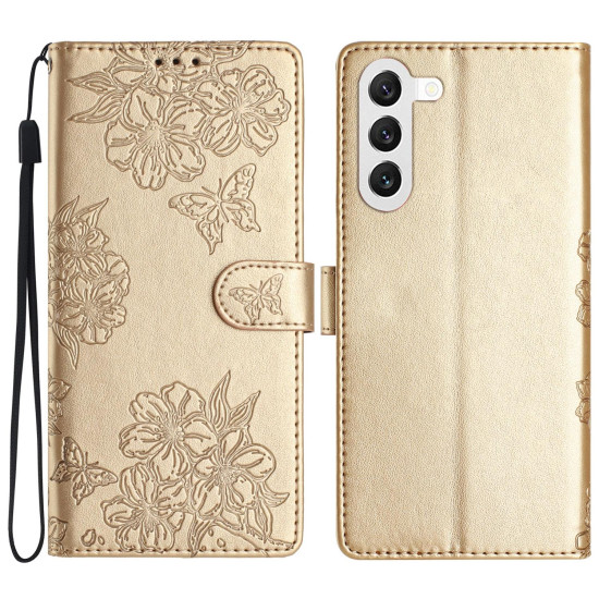 For Samsung Galaxy S24+ 5G Cherry Blossom Butterfly Skin Feel Embossed PU Phone Case(Gold)