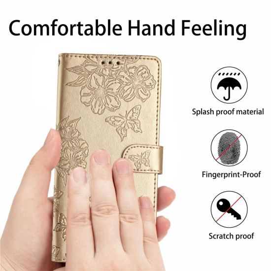 For Samsung Galaxy S24+ 5G Cherry Blossom Butterfly Skin Feel Embossed PU Phone Case(Gold)