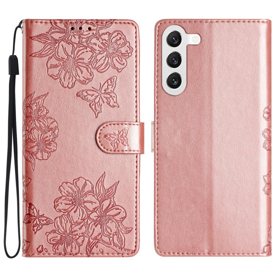 For Samsung Galaxy S24+ 5G Cherry Blossom Butterfly Skin Feel Embossed PU Phone Case(Rose Gold)
