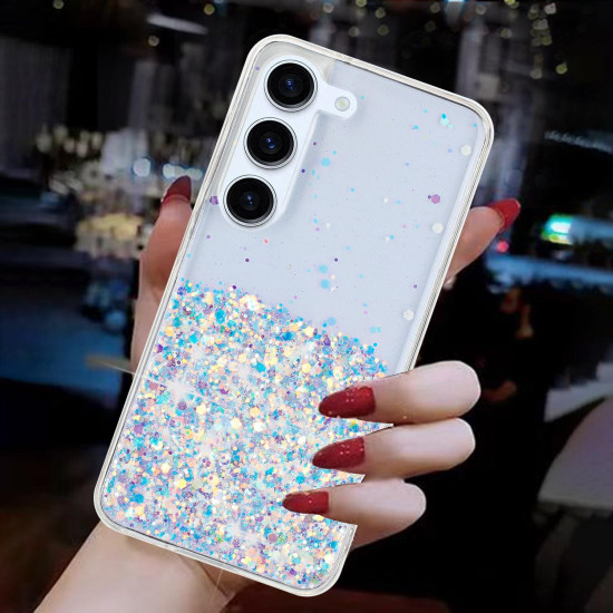 For Samsung Galaxy S24+ 5G Transparent Frame Noctilucent Glitter Powder TPU Phone Case(White)
