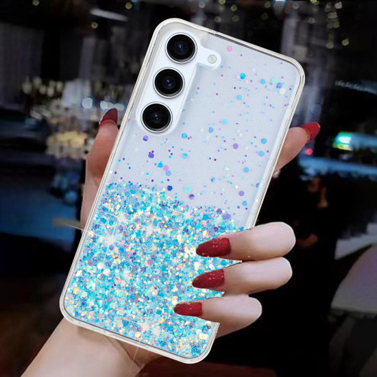 For Samsung Galaxy S24+ 5G Transparent Frame Noctilucent Glitter Powder TPU Phone Case(Blue)