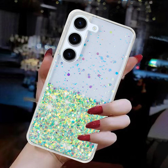 For Samsung Galaxy S24+ 5G Transparent Frame Noctilucent Glitter Powder TPU Phone Case(Green)