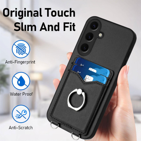 For Samsung Galaxy S24+ 5G R20 Crossbody Rope Ring Card Holder Phone Case(Black)